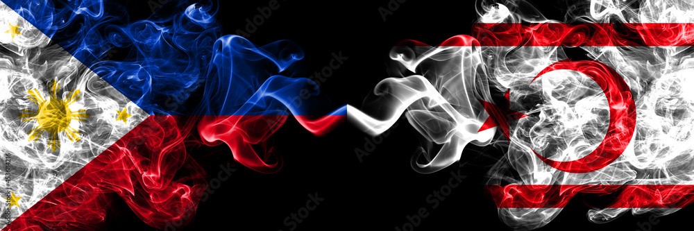 Philippines, Filipino vs Northern Cyprus smoke flags side by side. Philippines, Filipino vs Northern Cyprus smoke flags side by side.