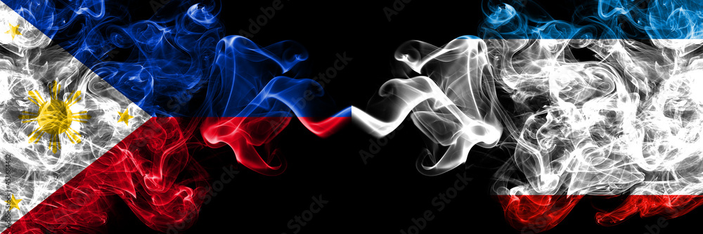 Philippines, Filipino vs Russia, Russian, Crimea smoke flags side by side. Philippines, Filipino vs Russia, Russian, Crimea smoke flags side by side.