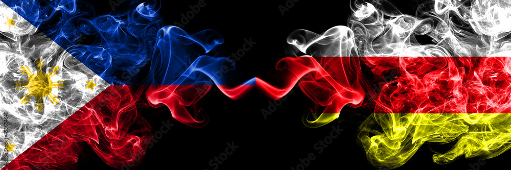 Philippines, Filipino vs Russia, Russian, North Ossetia smoke flags side by side. Philippines, Filipino vs Russia, Russian, North Ossetia smoke flags side by side.