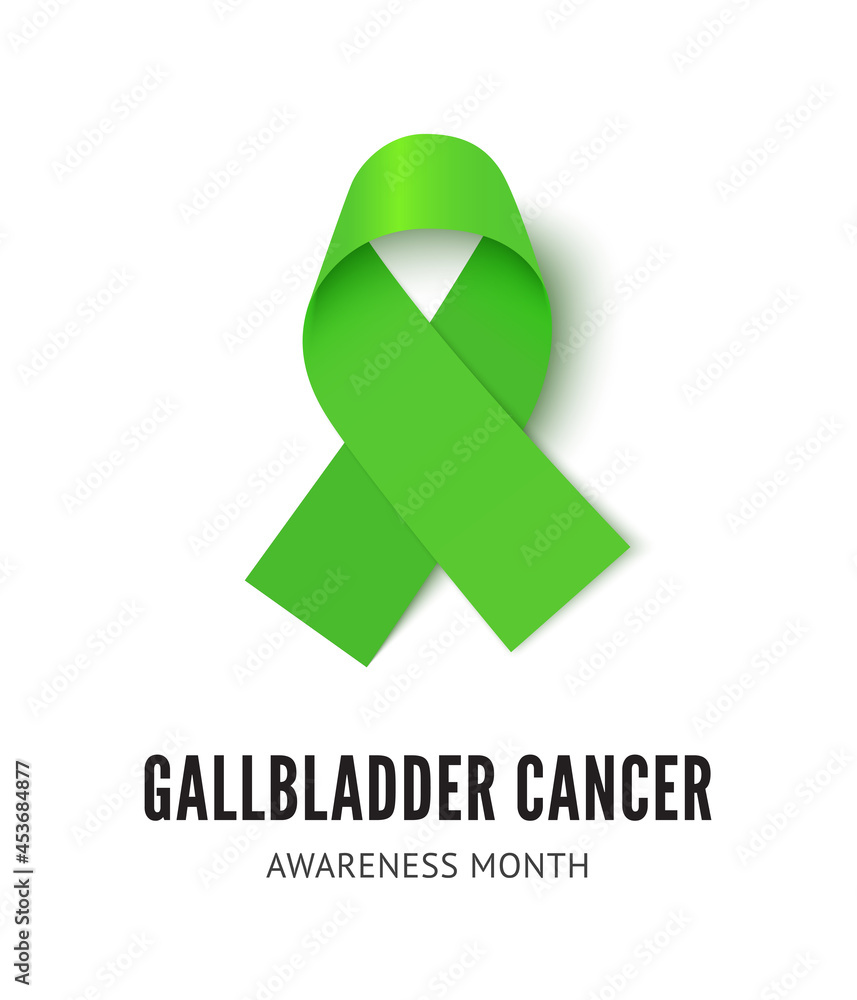 Gallbladder cancer awareness ribbon vector illustration isolated on white background. Realistic vector green silk ribbon with loop Gallbladder cancer awareness ribbon vector illustration isolated on white background. Realistic vector green silk ribbon with loop