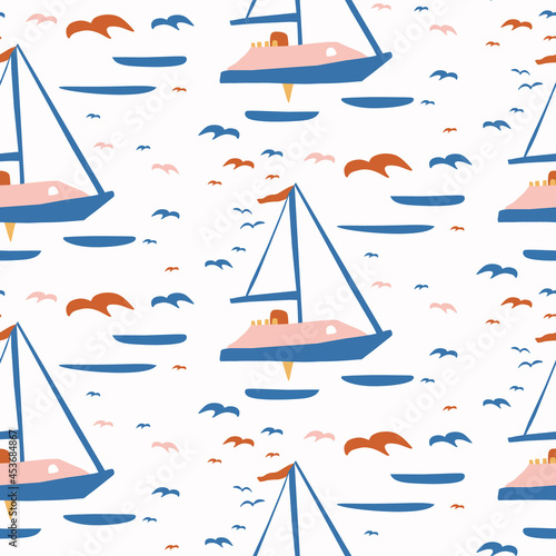 Abstract playful color style cut out shape pattern. Seamless modern simple lino cut style design for retro kids all over print. Trendy geometric home decor, kid fashion, wallpaper in vector repeat. 