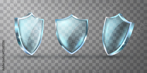 Realistic glass shield vector illustrations. Empty blank transparent blue acrylic glass panel with reflection and glow.