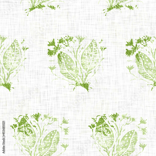 Hand drawn flower motif linen texture. Whimsical garden seamless pattern. Modern spring doodle floral nature textile for home decor. Botanical scandi style rustic green all over print.