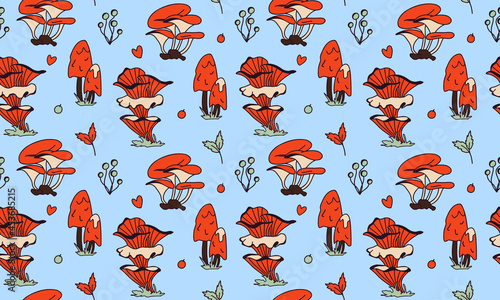 Hand-drawn vector seamless pattern with mushrooms in orange, beige, brown and green on a blue background. Illustration in retro and cottage-core style with plants of the autumn forest. (ID: 453685215)