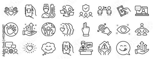 Set of People icons  such as Click hand  Health eye  Interview job icons. Engineering team  Social distancing  Global business signs. Reception desk  Friends chat  Hold heart. Do not touch. Vector