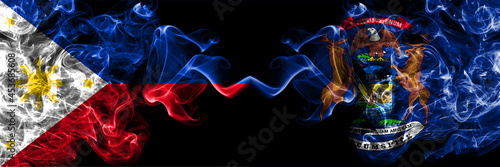 Philippines, Filipino vs United States of America, America, US, USA, American, Michigan smoke flags side by side.