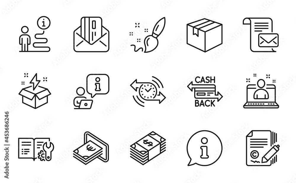 Fototapeta premium Line icons set. Included icon as Parcel, Mail letter, Copywriting signs. Credit card, Usd currency, Cashback card symbols. Paint brush, Timer, Cash. Engineering documentation, Best manager. Vector