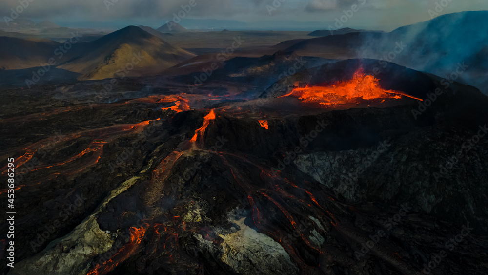 Beautiful aerial view of the Active Volcano with red Lava in Iceland Beautiful aerial view of the Active Volcano with red Lava in Iceland
