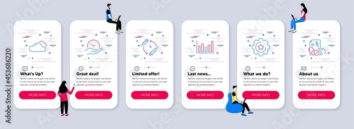 Vector Set of Science icons related to Vaccination schedule, Settings gear and Cloudy weather icons. UI phone app screens with teamwork. Vector