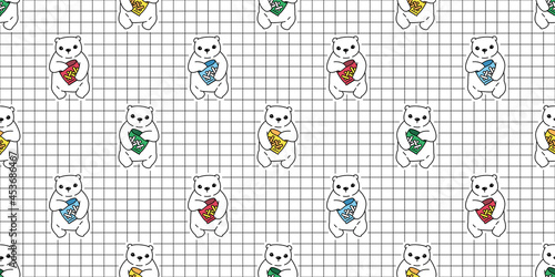 Bear seamless pattern polar vector snack eating teddy cartoon checked scarf gift wrapping paper repeat wallpaper tile background doodle illustration design