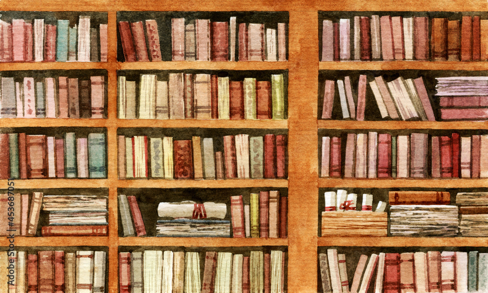 Shelves with old books and scrolls. An old library painted in watercolor. Cabinets with old books, treatises and scrolls. An old bookcase with books. - obrazy, fototapety, plakaty 