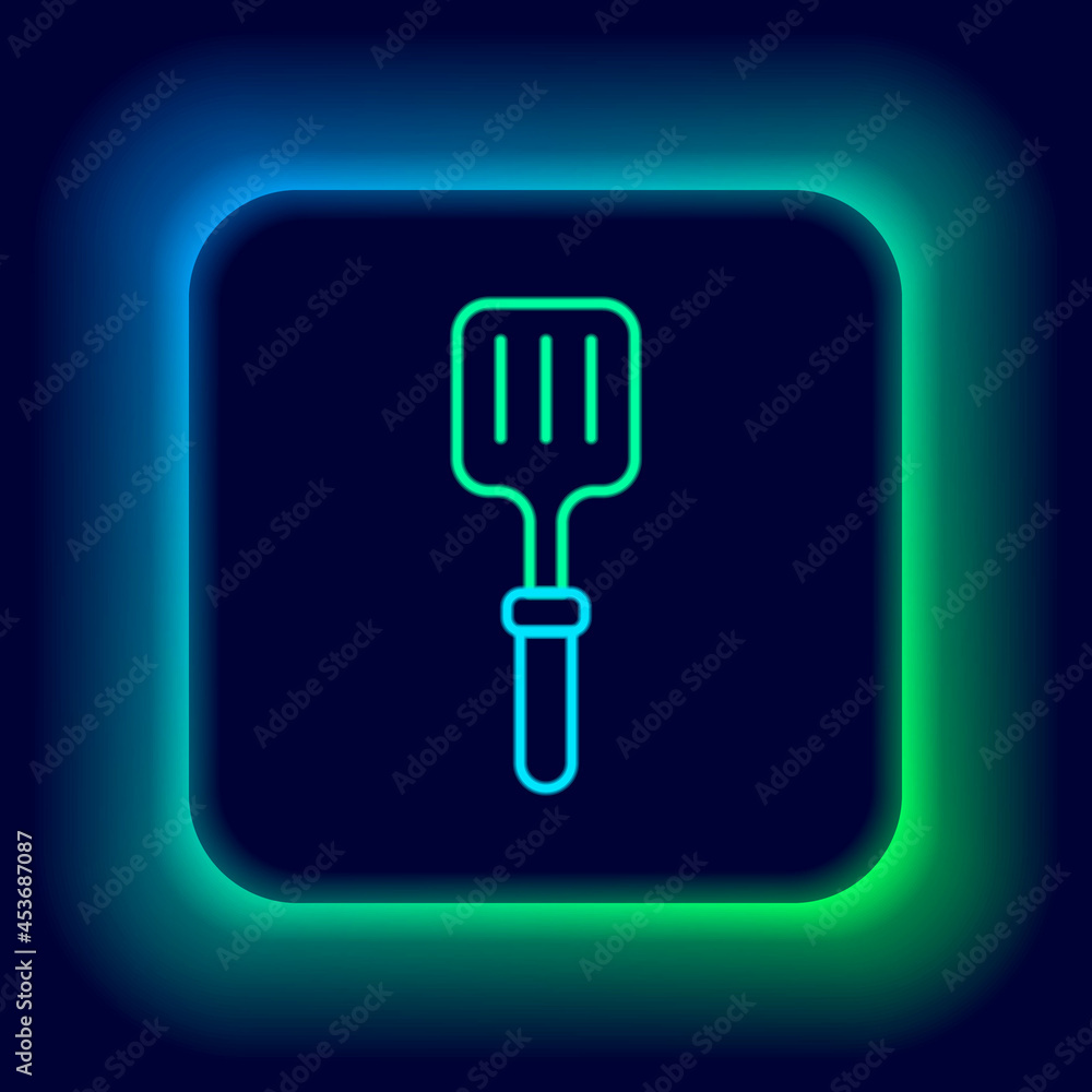 Glowing neon line Barbecue spatula icon isolated on black background. Kitchen spatula icon. BBQ spatula sign. Barbecue and grill tool. Colorful outline concept. Vector Glowing neon line Barbecue spatula icon isolated on black background. Kitchen spatula icon. BBQ spatula sign. Barbecue and grill tool. Colorful outline concept. Vector