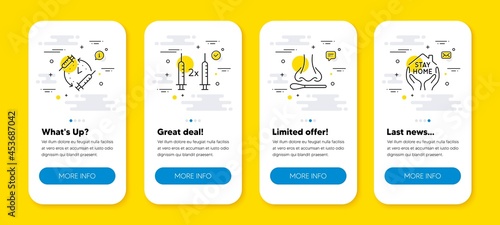 Vector set of Vaccination schedule, Nasal test and Coronavirus vaccine line icons set. UI phone app screens with line icons. Stay home icon. Injection time, Covid testing, Covid-19 vaccination. Vector