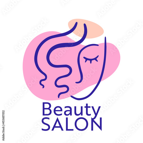Beauty Salon Logo with Woman Face and Hair Curls, Isolated Emblem or Label for Female Parlor, Haircut Service Logotype