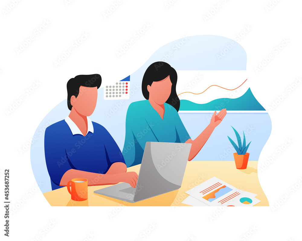 Flat Illustration vector graphic of Man and Woman working together communicate to work on the project business Flat Illustration vector graphic of Man and Woman working together communicate to work on the project business