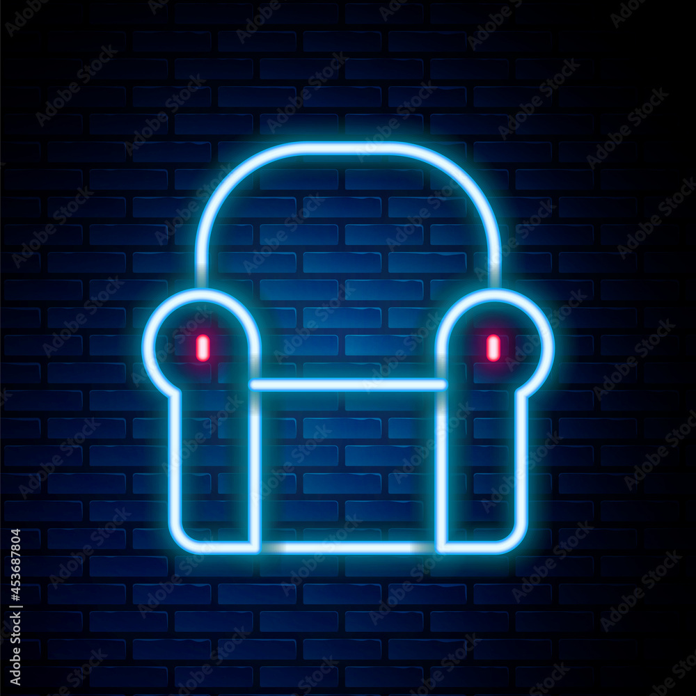 Glowing neon line Armchair icon isolated on brick wall background. Colorful outline concept. Vector Glowing neon line Armchair icon isolated on brick wall background. Colorful outline concept. Vector