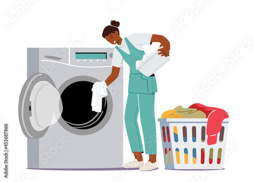 Industrial or Domestic Launderette Washing and Cleaning Service. Worker Female Character in Public Dry Cleaning Laundry