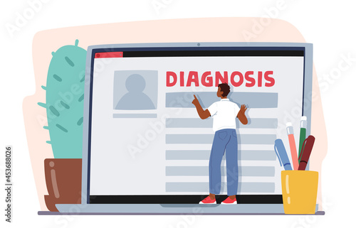 Online Medicine Concept. Patient Male Character Reading Diagnosis Description on Laptop Screen. Smart Medical Technology