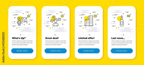 Vector set of Conversation messages, Quick tips and Skyscraper buildings line icons set. UI phone app screens with line icons. Beer icon. Communication, Helpful tricks, Town architecture. Vector