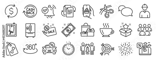 Set of Business icons, such as Messenger, Bureaucracy, Time icons. Full rotation, Loyalty program, Dollar exchange signs. Window cleaning, Pet tags, Coffee. Scissors, Shopping, Target. Vector