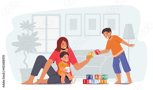 Parent Playing with Children, Happy Family Leisure. Loving Mom and Cheerful Kids Spare Time. Mother and Little Sons Play
