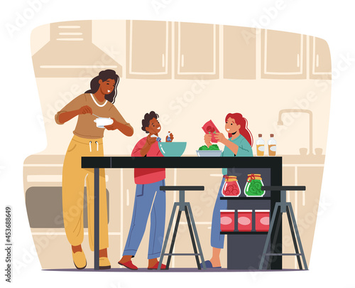 Happy Family oat Home Kitchen. Mother Teaching Kids, Daughter and Son Cooking Dishes, Children Help Parents on Weekend