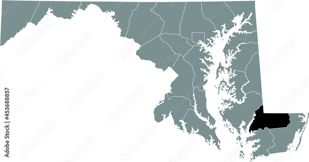 Black highlighted location map of the Wicomico County inside gray map of the Federal State of Maryland, USA Black highlighted location map of the Wicomico County inside gray map of the Federal State of Maryland, USA