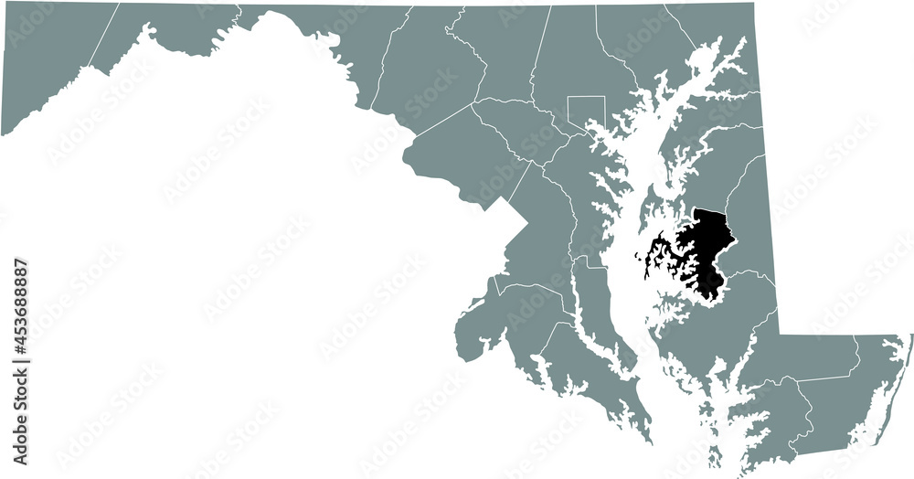 Black highlighted location map of the Talbot County inside gray map of the Federal State of Maryland, USA