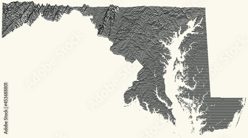 Light topographic map of the Federal State of Maryland, USA with black contour lines on beige background