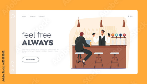 Business Man Visiting Beer Pub or Night Club Landing Page Template. Male Character Sit at High Chair Drink Alcohol