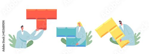 Tiny Male and Female Characters Wearing Medic Robe Holding Huge Colorful Puzzle Pieces Isolated on White Background