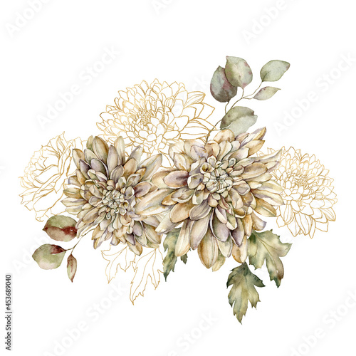 Watercolor autumn bouquet of gold dahlia and linear leaves Fototapet