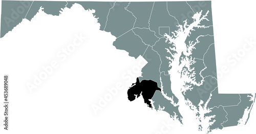 Black highlighted location map of the Charles County inside gray map of the Federal State of Maryland  USA