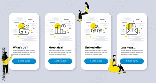 Set of Technology icons, such as Decreasing graph, Parcel shipping, Video conference icons. UI phone app screens with people. Credit card line symbols. Vector