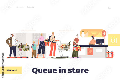 Queue in store concept of landing page with people standing in line at counter desk