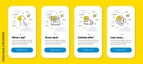 Vector set of Delivery discount, Increasing percent and Travel loan line icons set. UI phone app screens with line icons. Loyalty points icon. Courier, Discount, Change dollar. Vector