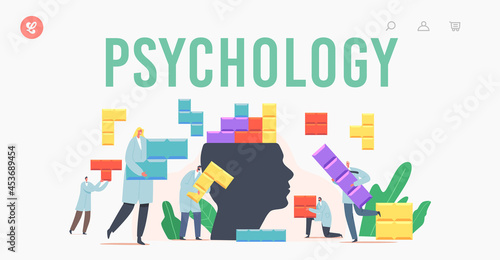 Psychology Landing Page Template. Tiny Psychologist Doctor Characters Setup Colorful Puzzle Pieces on Huge Human Head