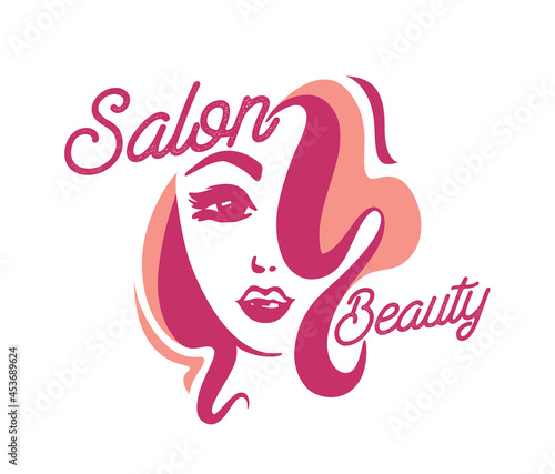Female Face with Curly Hair Label for Beauty Salon, Creative Logo with Cute Girl Head Isolated on White Background