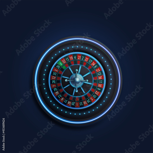 Blue neon Casino Roulette wheel, top view