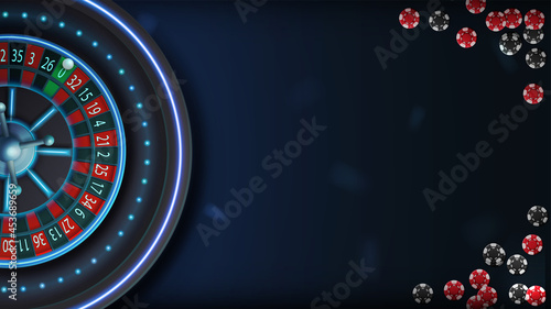 Blue neon casino roulette on blue table with poker chips, top view. Background for your arts