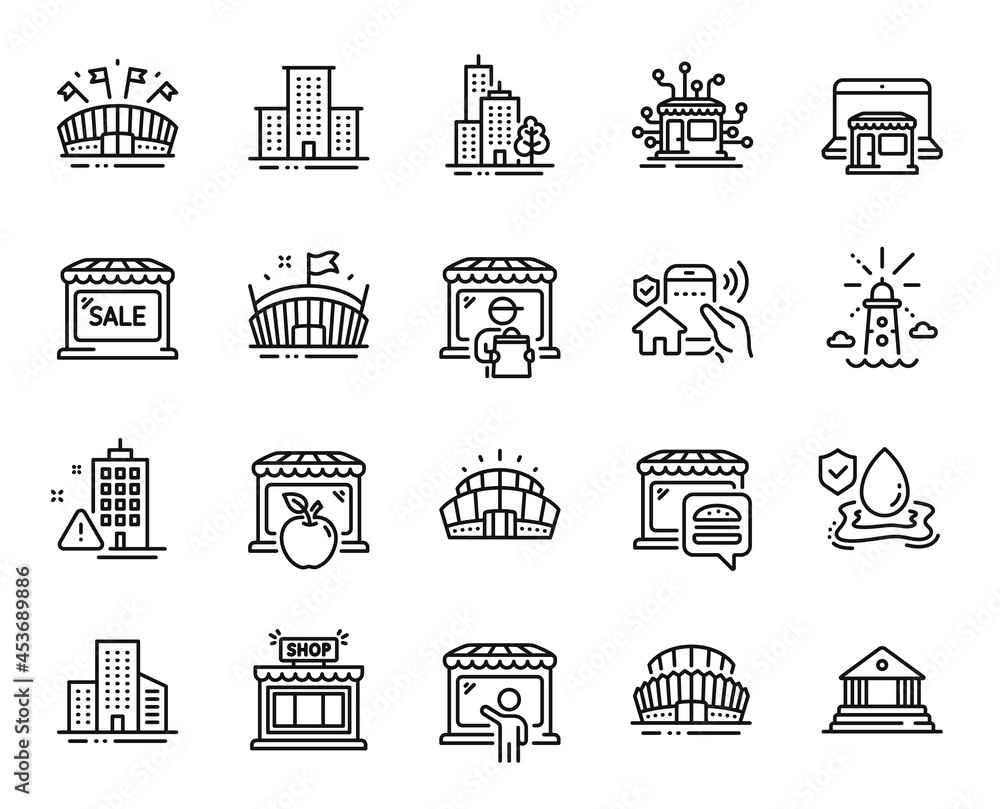 Vector set of Flood insurance, Marketplace and Lighthouse line icons set. University campus, Arena stadium and Delivery market icons. Flood insurance web symbol. Vector