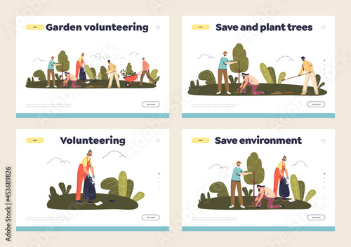 Eco volunteering and saving environment concept of landing pages set with volunteers planting trees