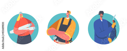 Handyman, Welder and Architect, Engineer or Foreman Characters with Tools and Blueprint Rolls. Professional Workers