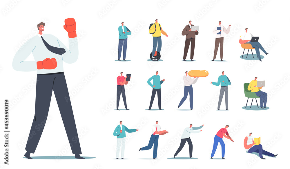 Set of Male Characters Businessman in Boxing Gloves, Teenager Riding Unicycle, Man Reading Book, Carry Huge Pill, Gadget