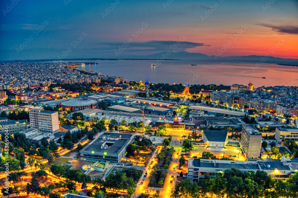 Aerial view of the city of Thessaloniki at sunset