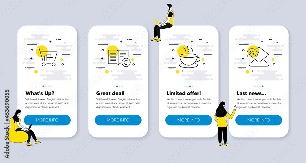 Vector Set of line icons related to Copyright, Internet shopping and Cappuccino icons. UI phone app screens with people. Receive mail line symbols. Vector