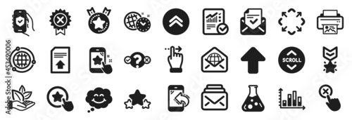 Set of Technology icons, such as Time management, Organic product, Swipe up icons. Diagram graph, Ranking star, Loyalty star signs. Mail, Upload, Reject click. Approved mail, Security app. Vector