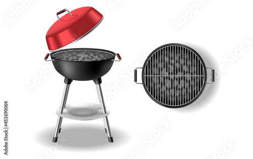 Barbecue grill equipment for frying meat. BBQ with opened cap, metallic appliance for cooking food