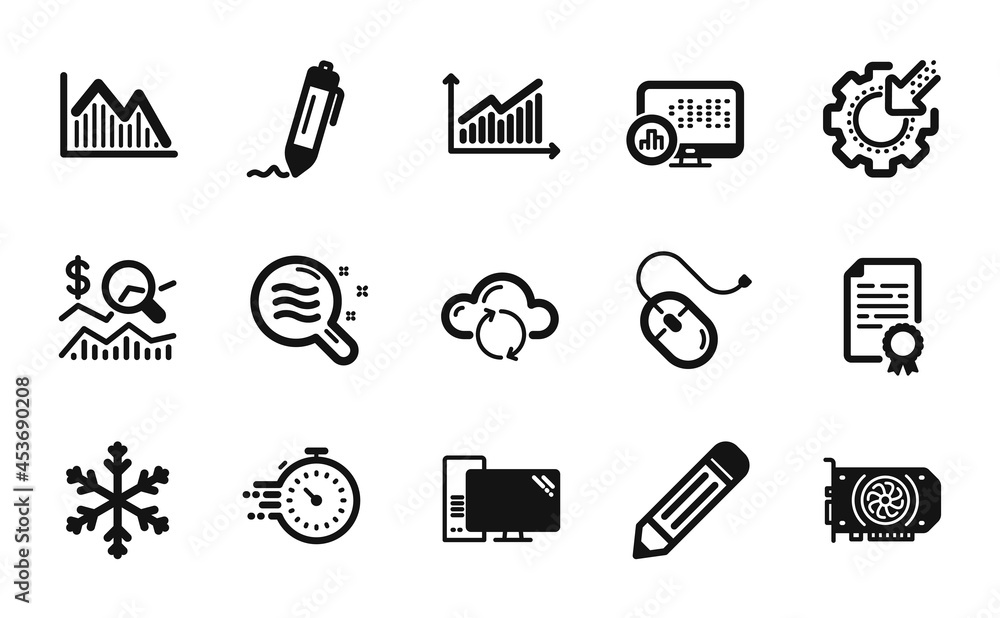 Vector set of Signature, Graph and Computer icons simple set. Cloud sync, Report statistics and Certificate diploma icons. Computer mouse, Timer and Seo gear signs. Signature simple web symbol. Vector
