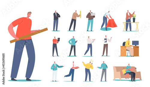 Set Male Character Holding Ruler or Wooden Plank, Sell Flowers, Watch TV with Child on Sofa, Angry Yell to Mobile Phone